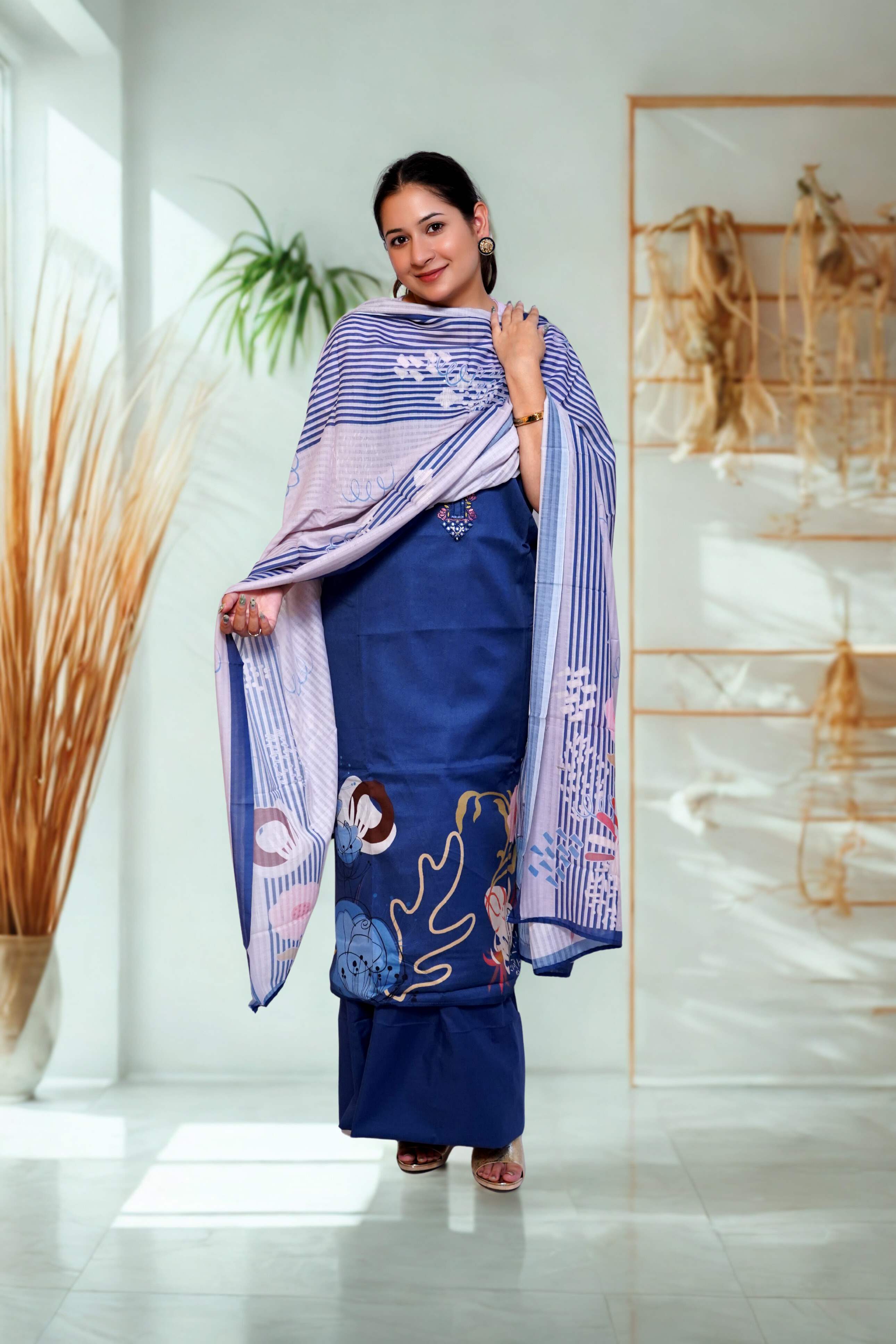 Blue unstitched suit with printed dupatta