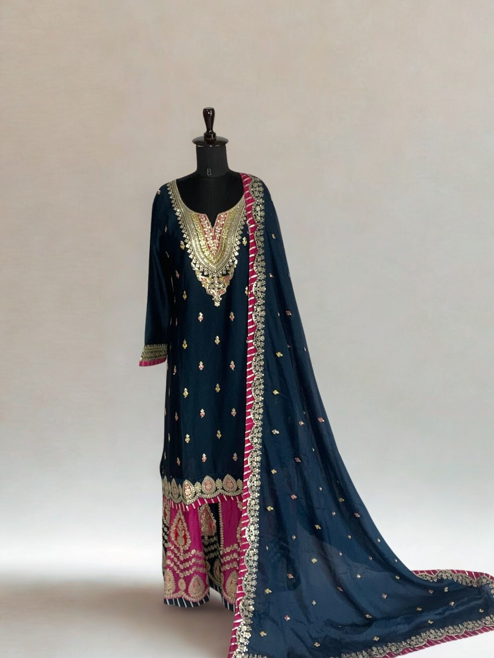 Navy Blue & Magenta Embroidered Sharara Suit Set