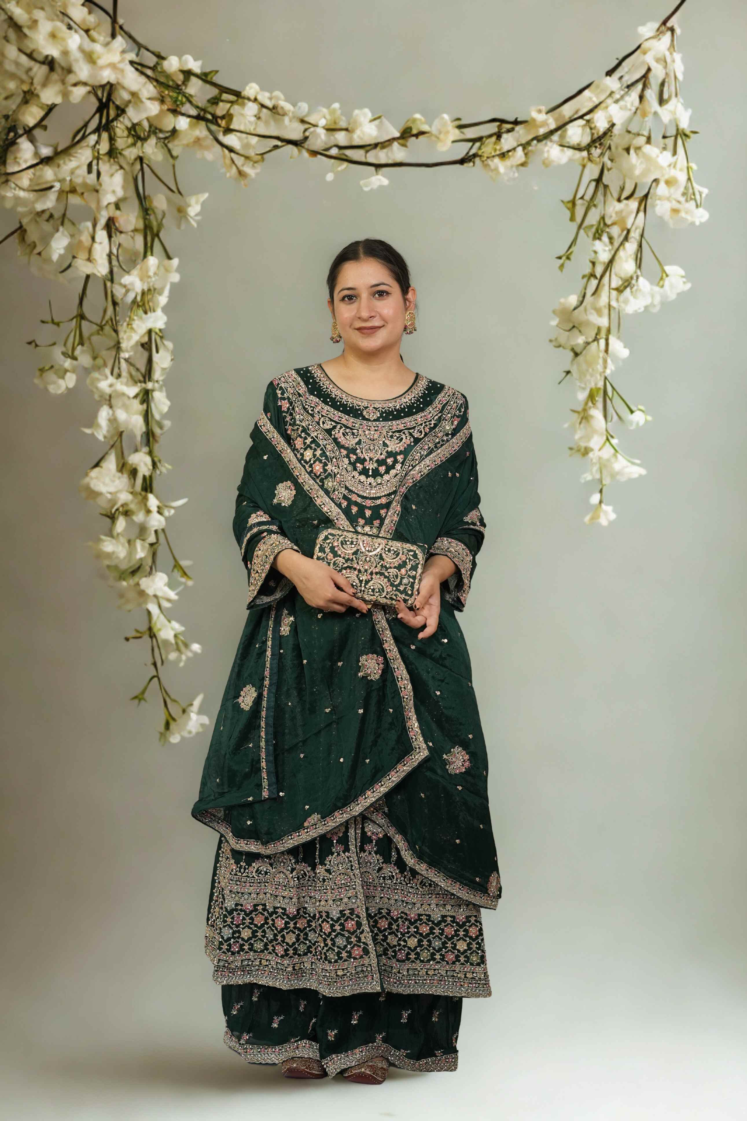 Dark Green Heavy Embroidered Palazzo Suit