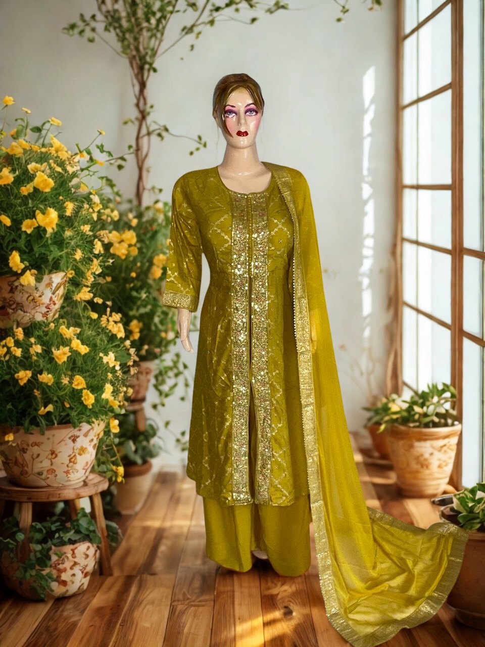 Golden Mustard Embroidered Silk Suit Set with Dupatta