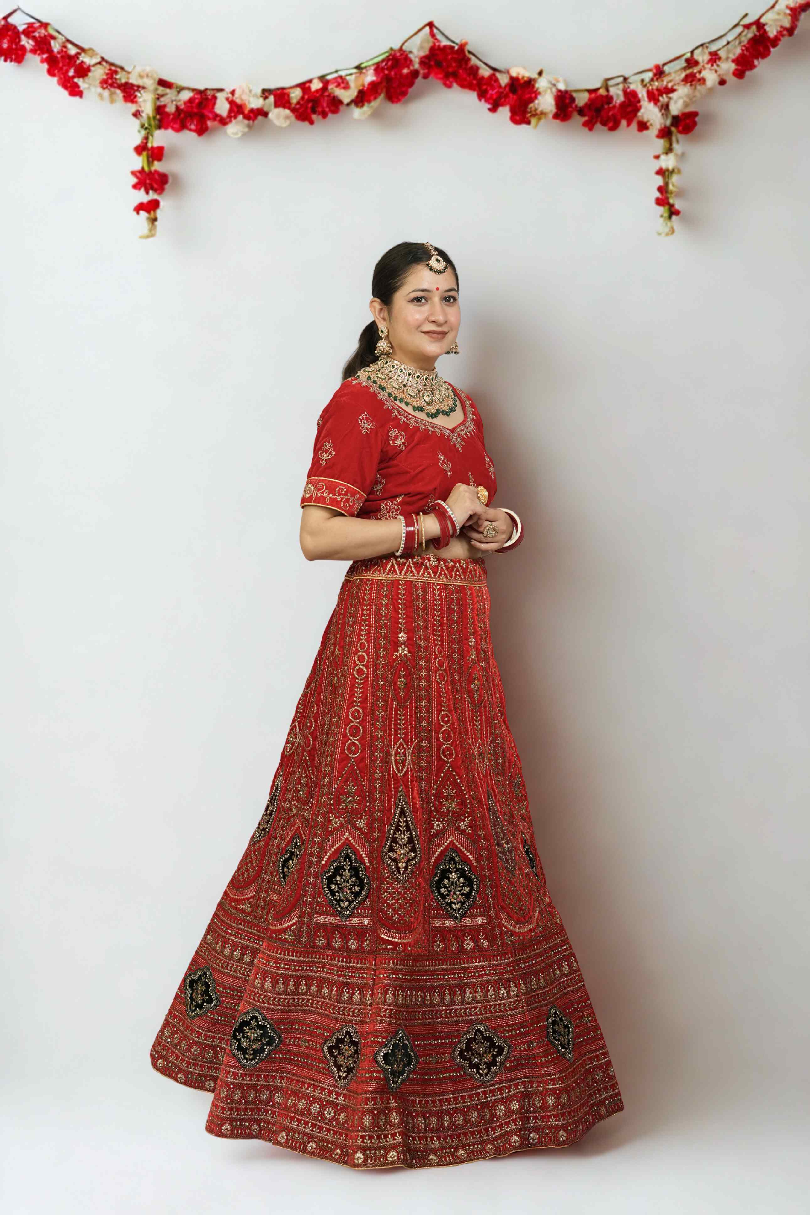 Ruby Red Velvet Bridal Lehenga with Antique Zari and Mirror Embroidery