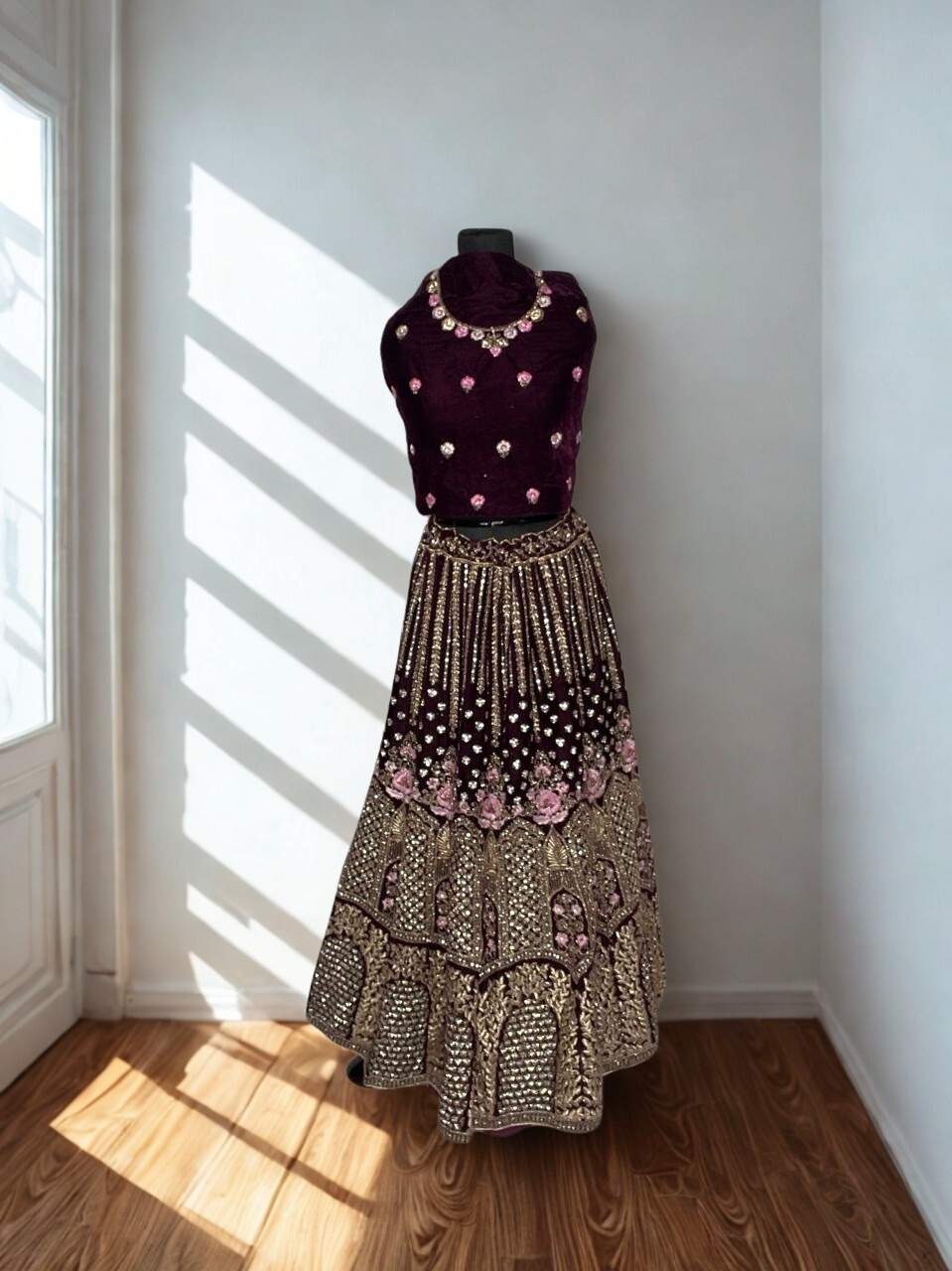 Purple Velvet Embroidered Lehenga Set with Dupatta