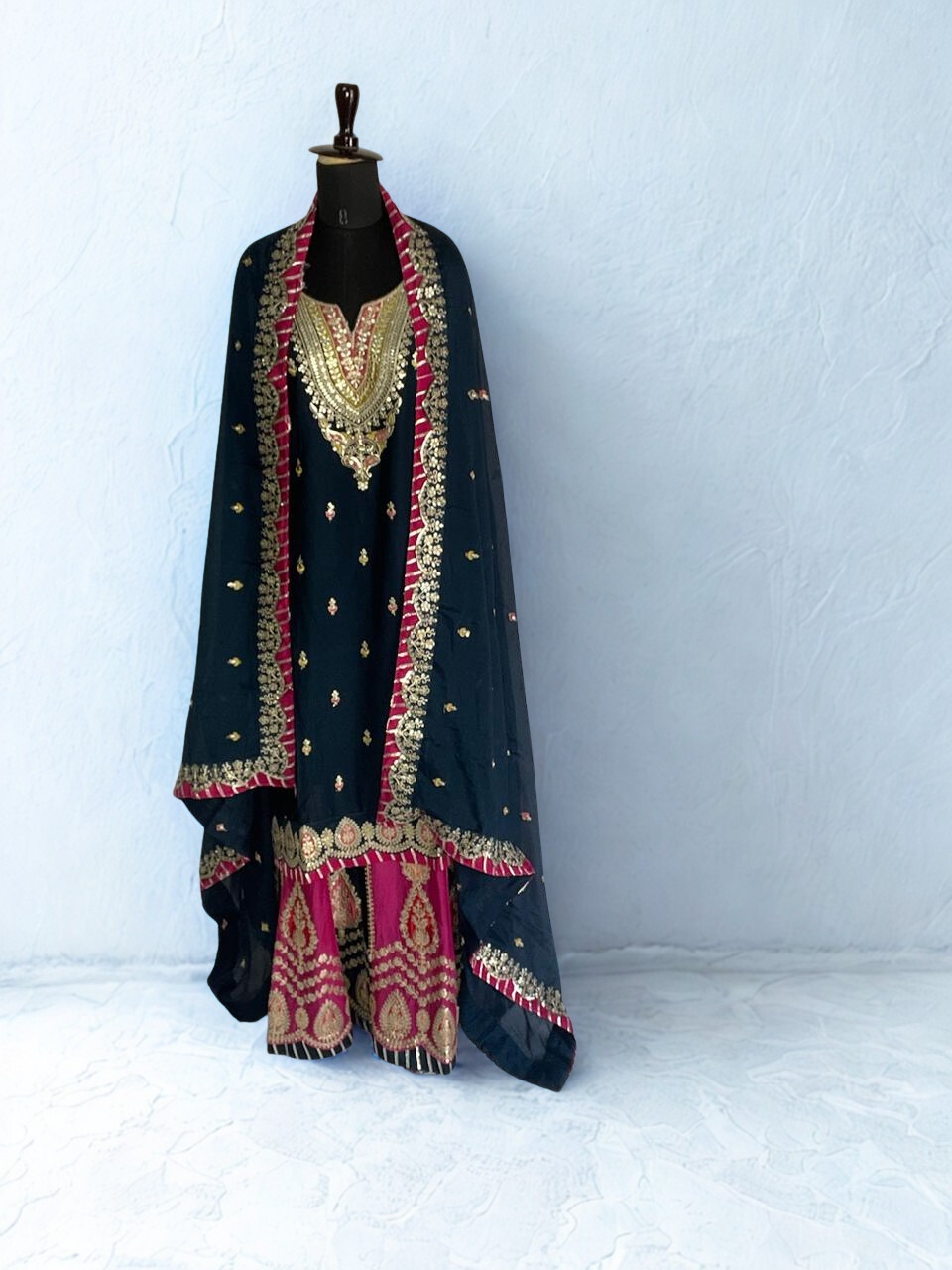 Navy Blue & Magenta Embroidered Sharara Suit Set