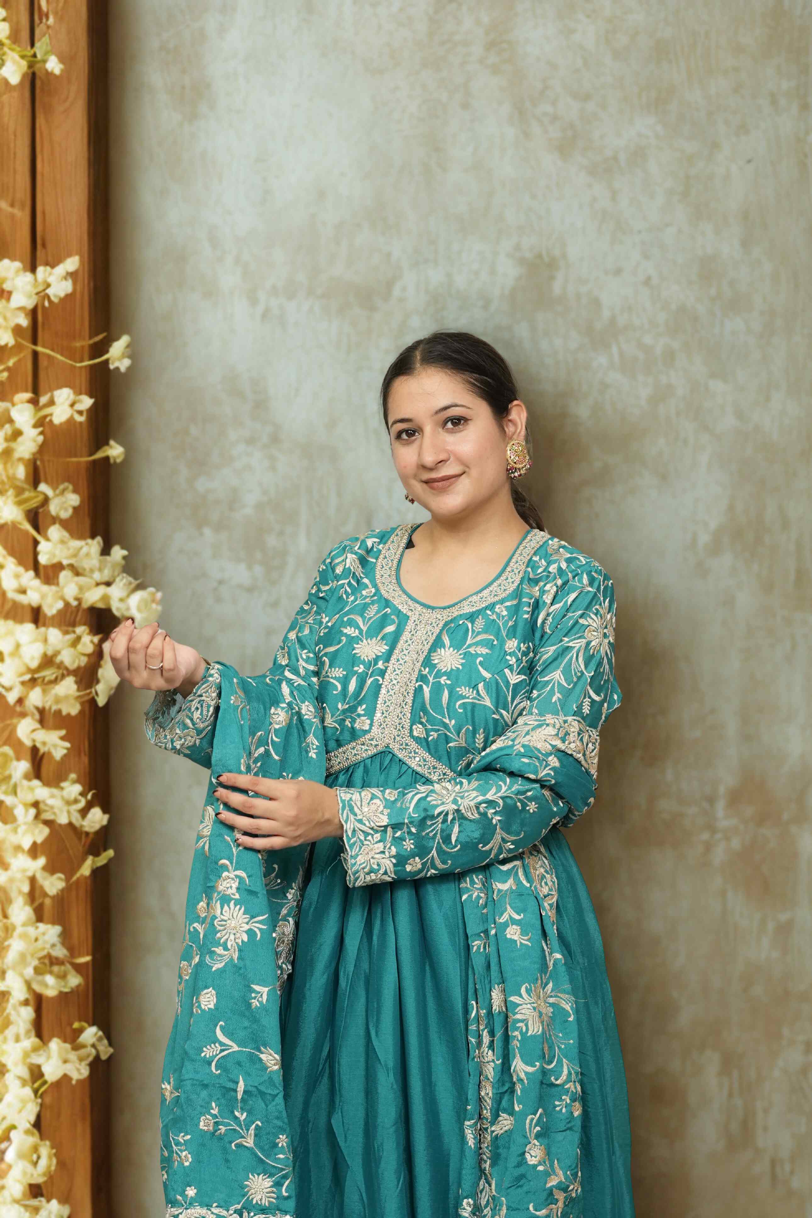 Teal Embroidered Anarkali Set