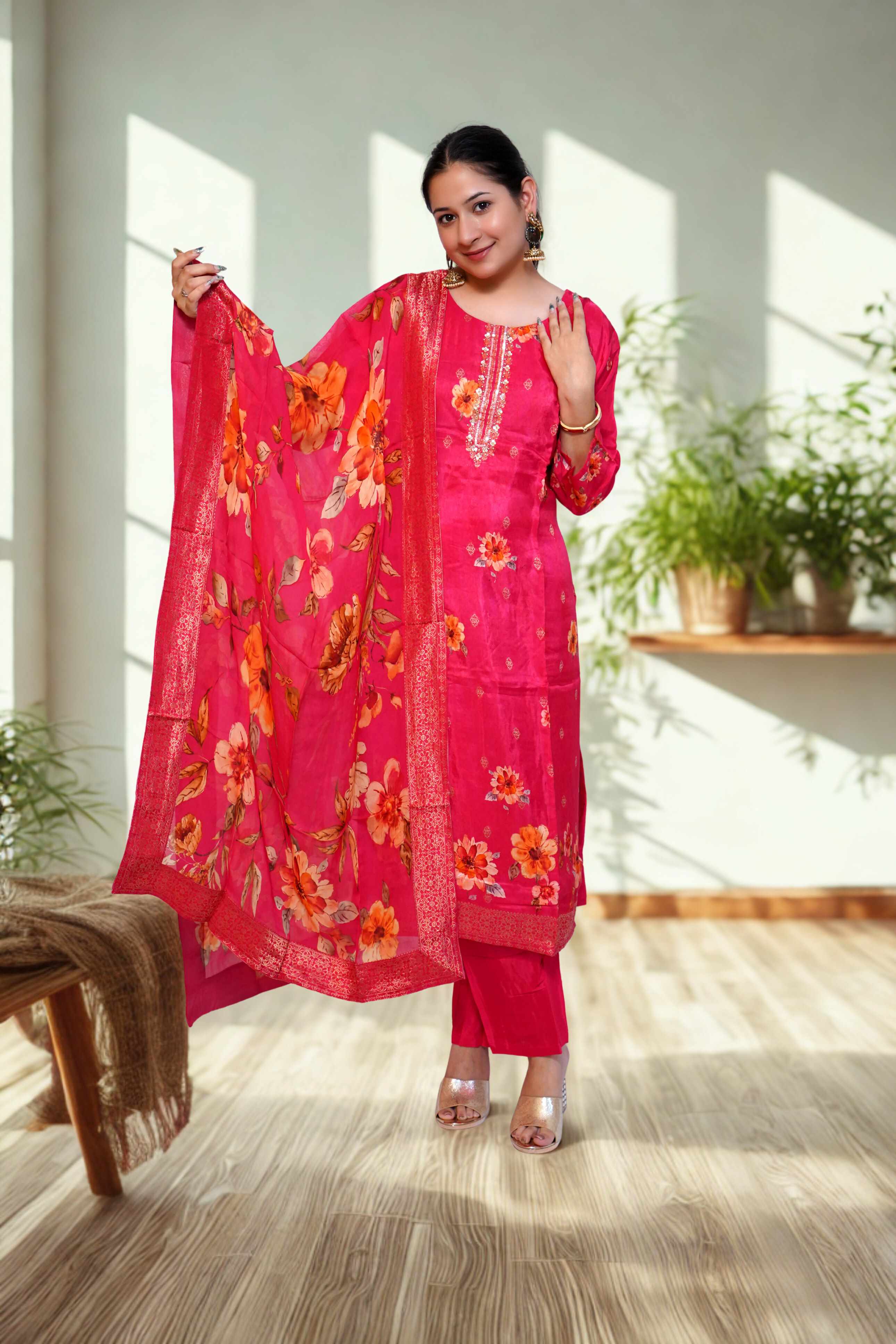 Rani embroidered suit with floral dupatta