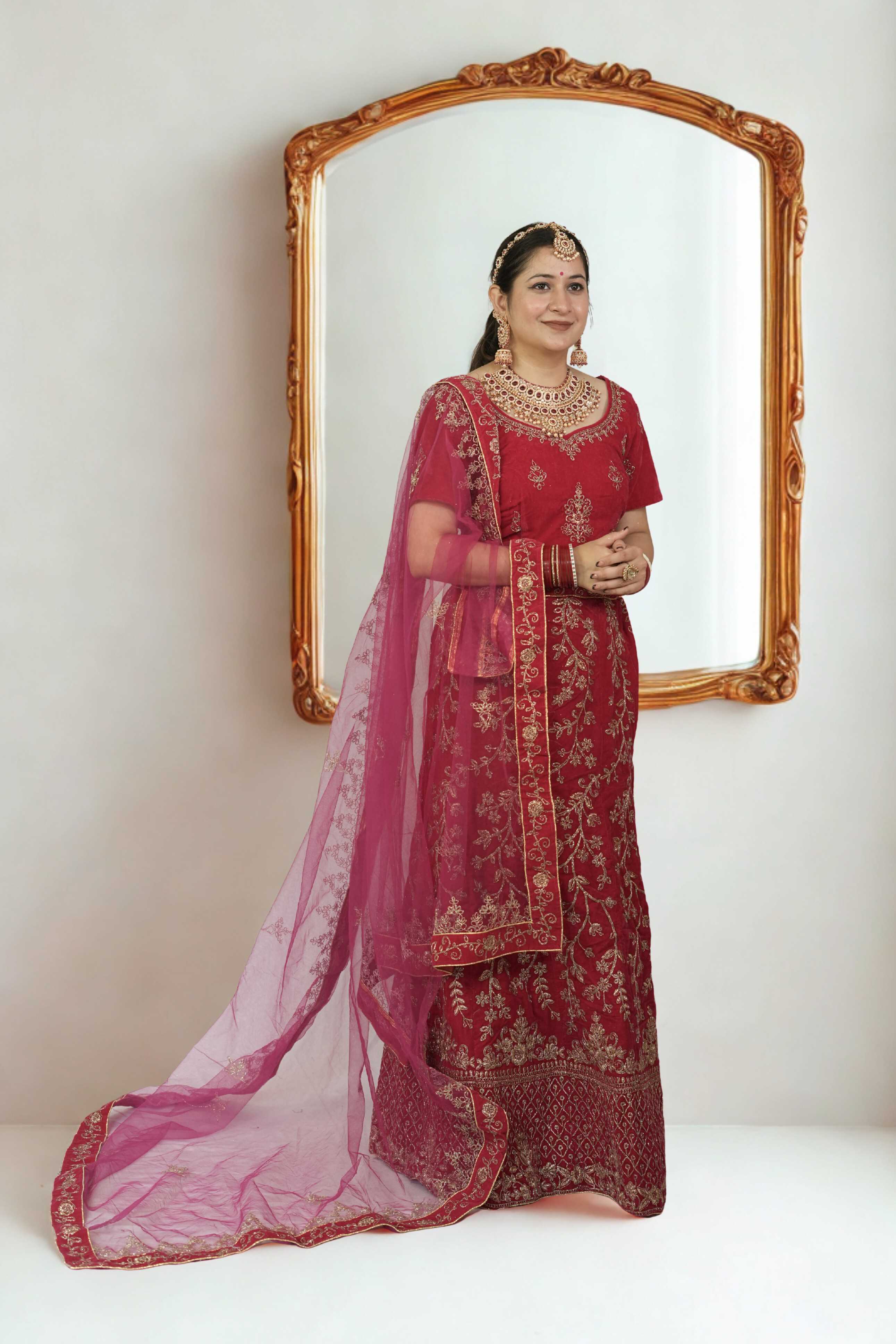 Red Silk Bridal Lehenga with Golden Zari and Floral Embroidery