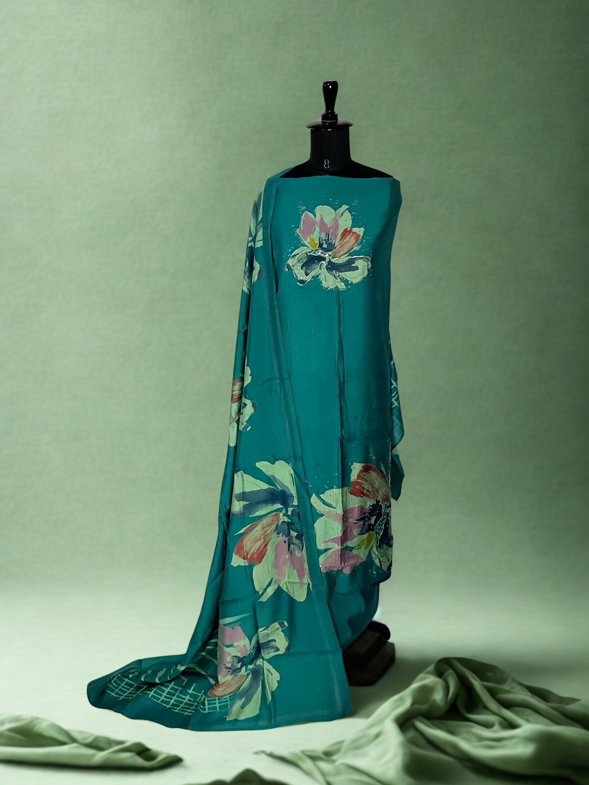 Teal Floral Suit With Printed Dupatta