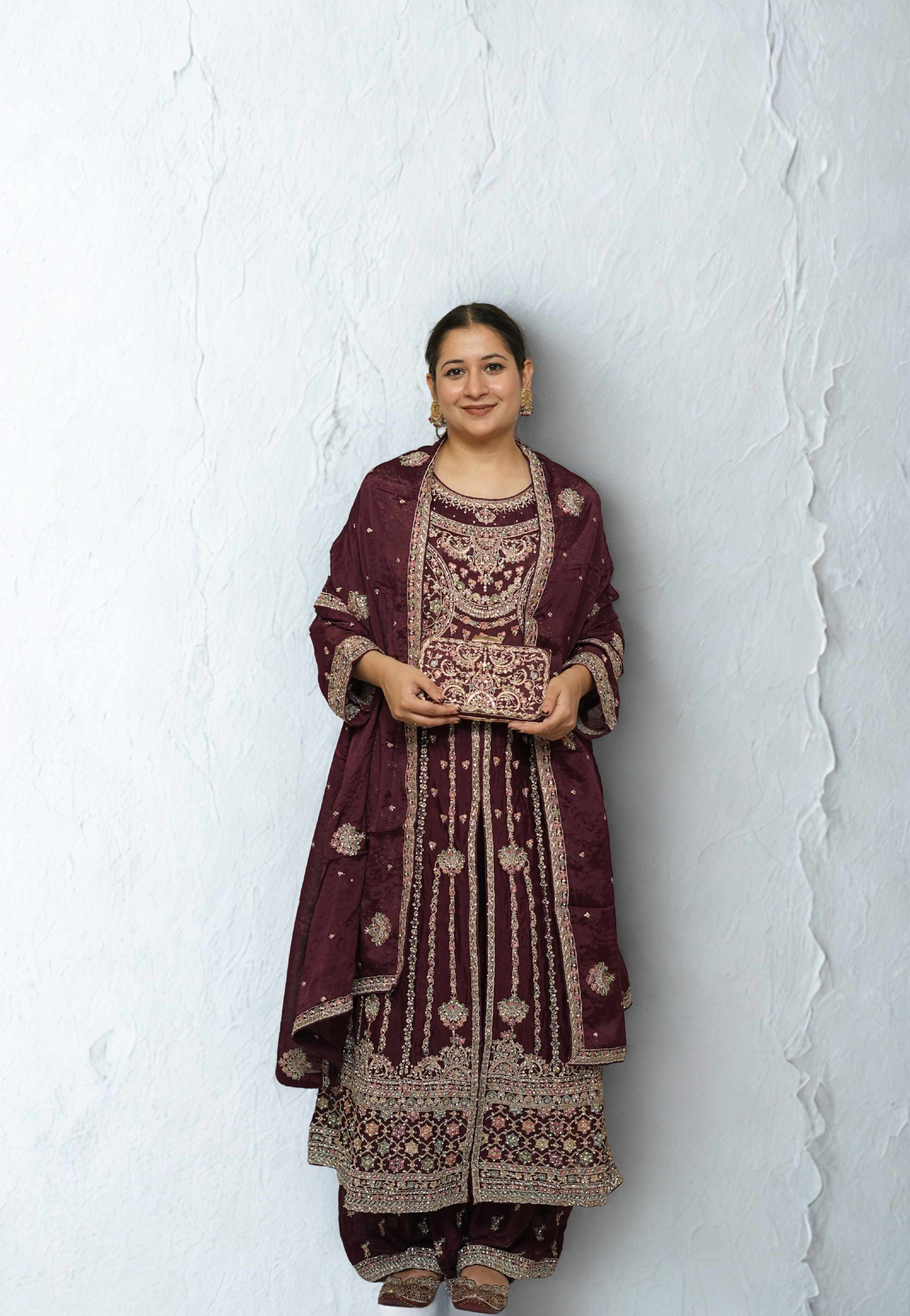 Wine Maroon Heavy Embroidered Palazzo Suit with Dupatta