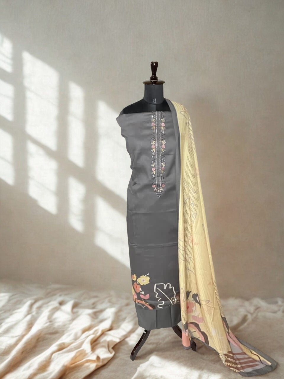 Grey Floral Suit with Dupatta