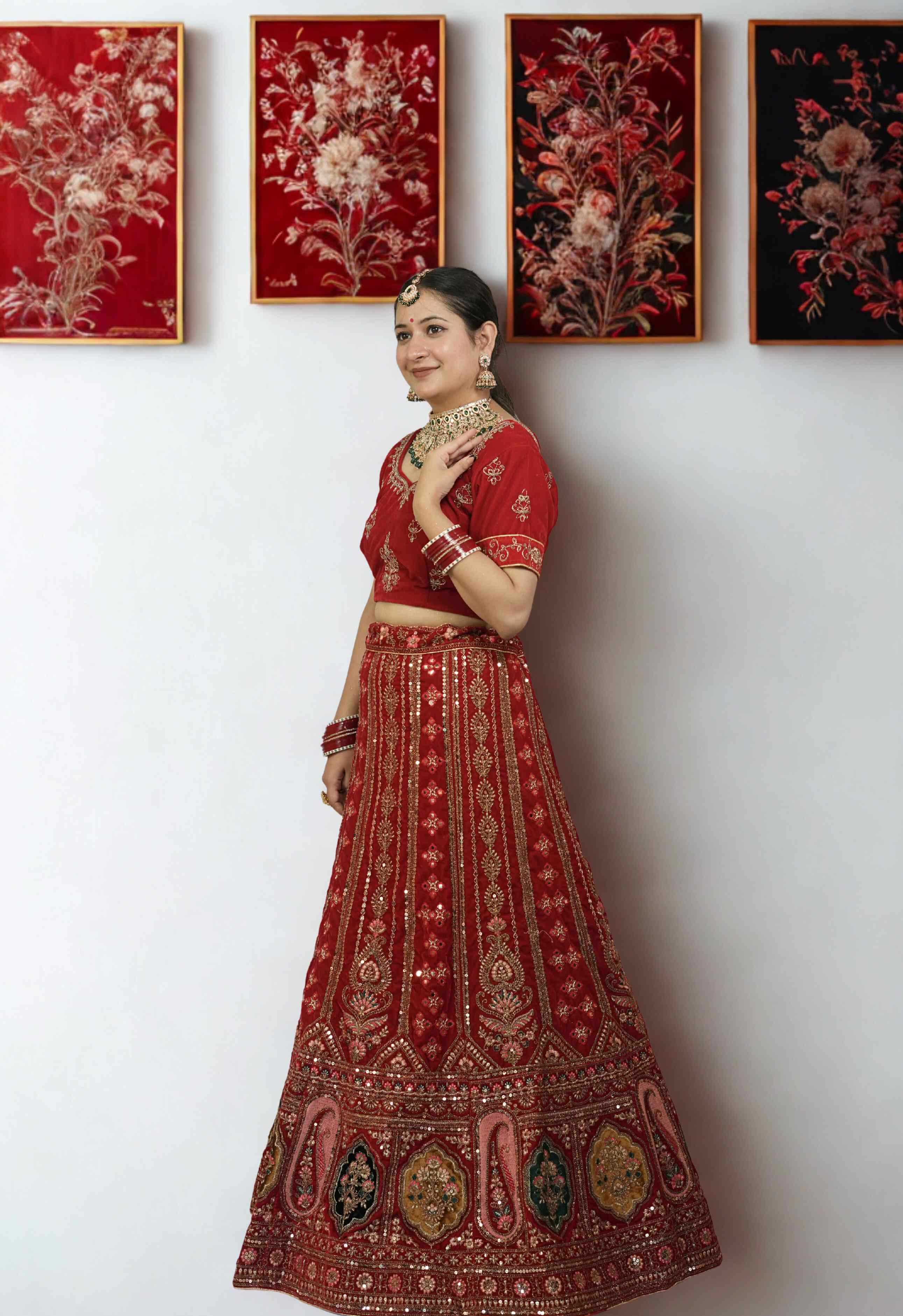 Crimson Heritage Velvet Bridal Lehenga with Golden Zardozi and Paisley Motifs
