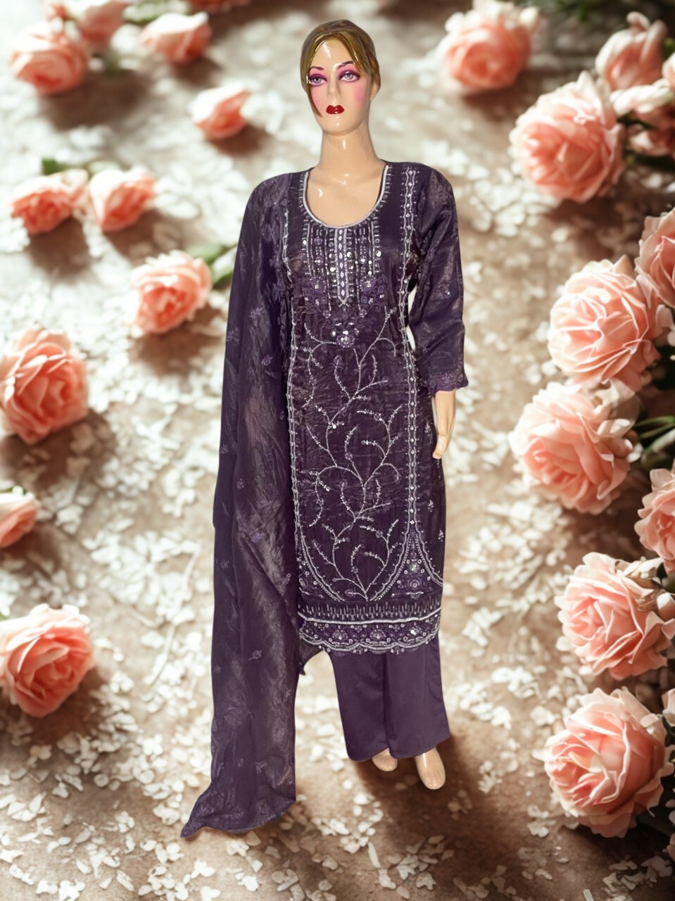 Purple Embroidered Georgette Suit Set with Dupatta