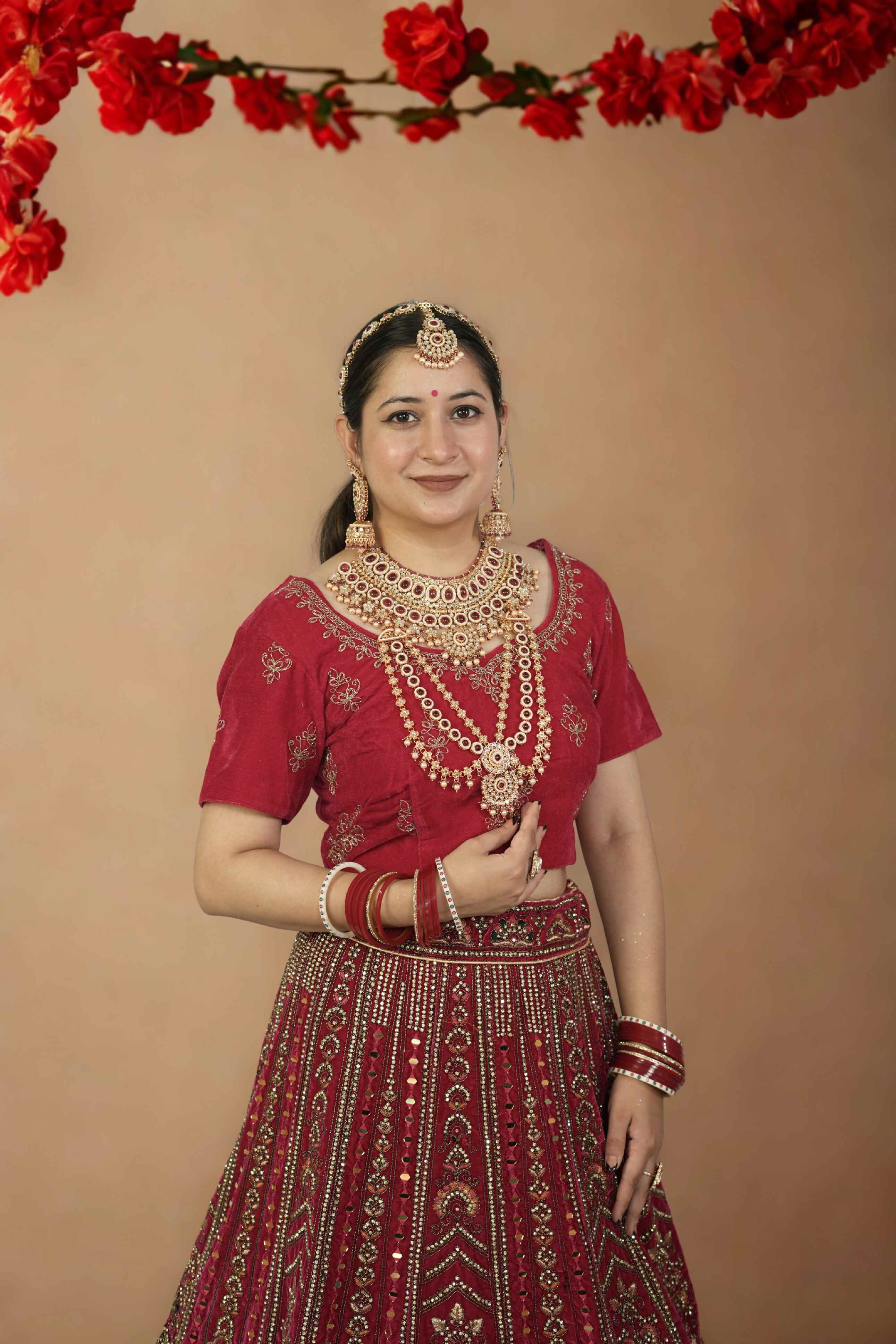 Red Velvet Bridal Lehenga with Heavy Zari and Mirror Work Embroidery