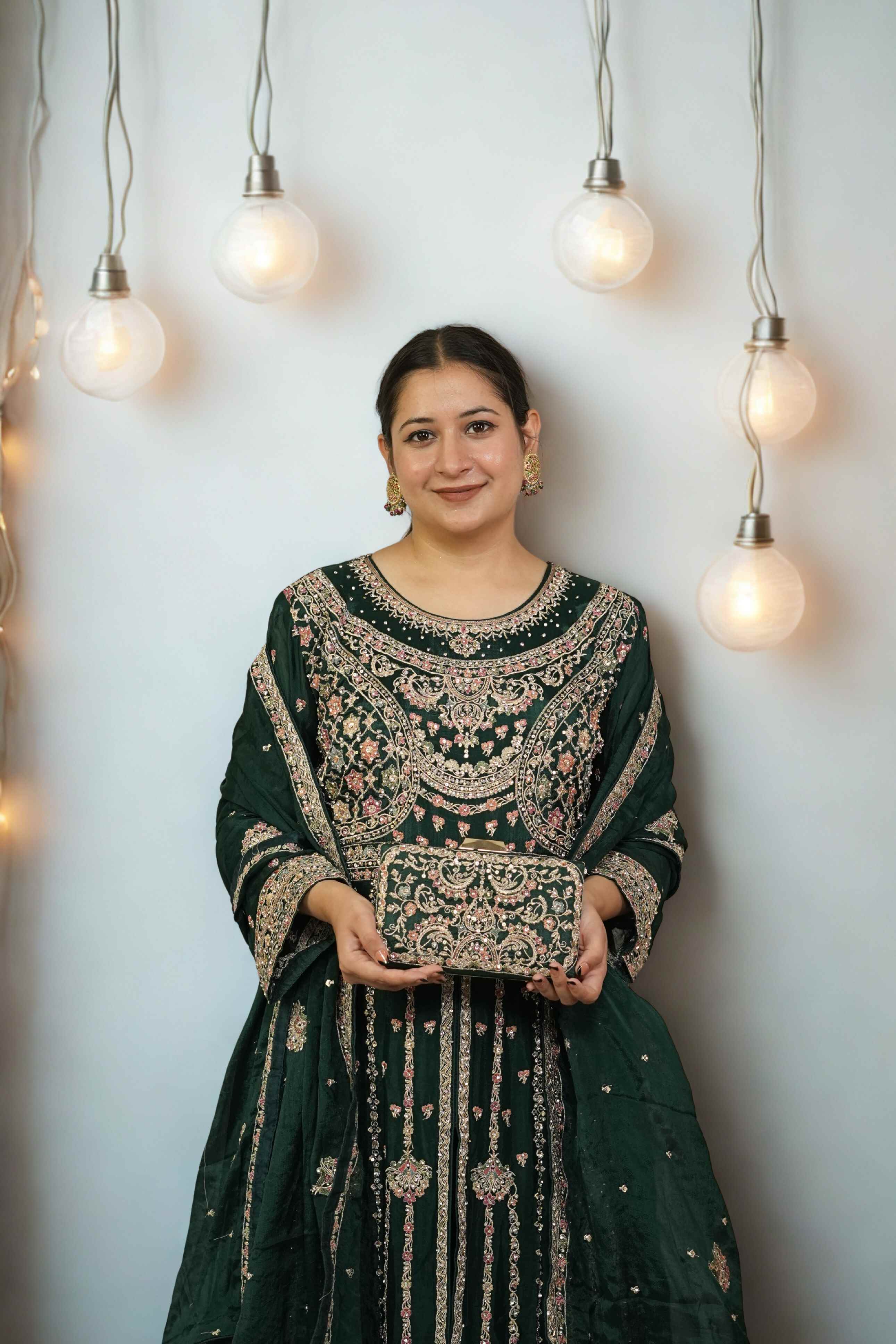 Dark Green Heavy Embroidered Palazzo Suit