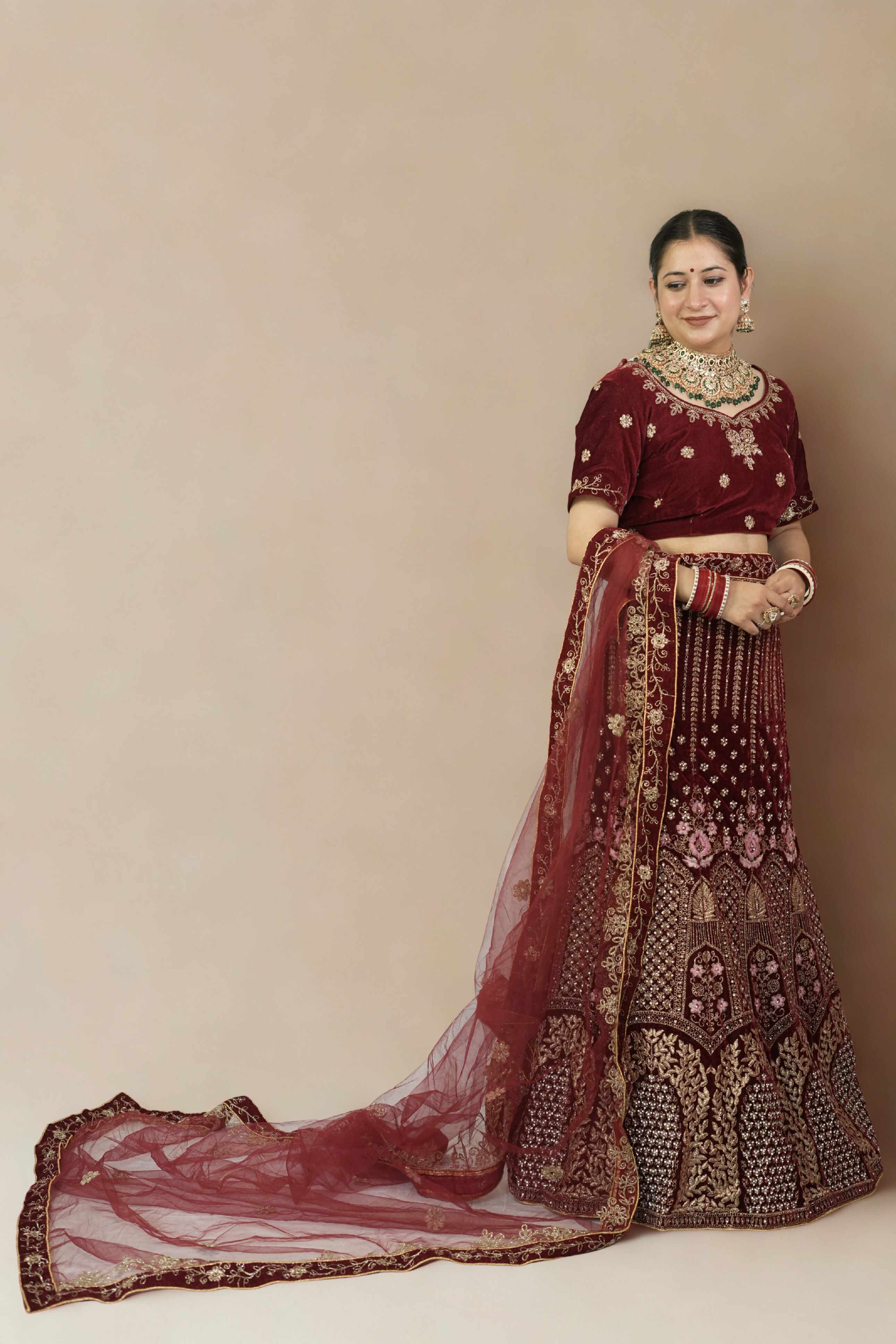 Maroon Velvet Bridal Lehenga with Floral and Sequin Embroidery