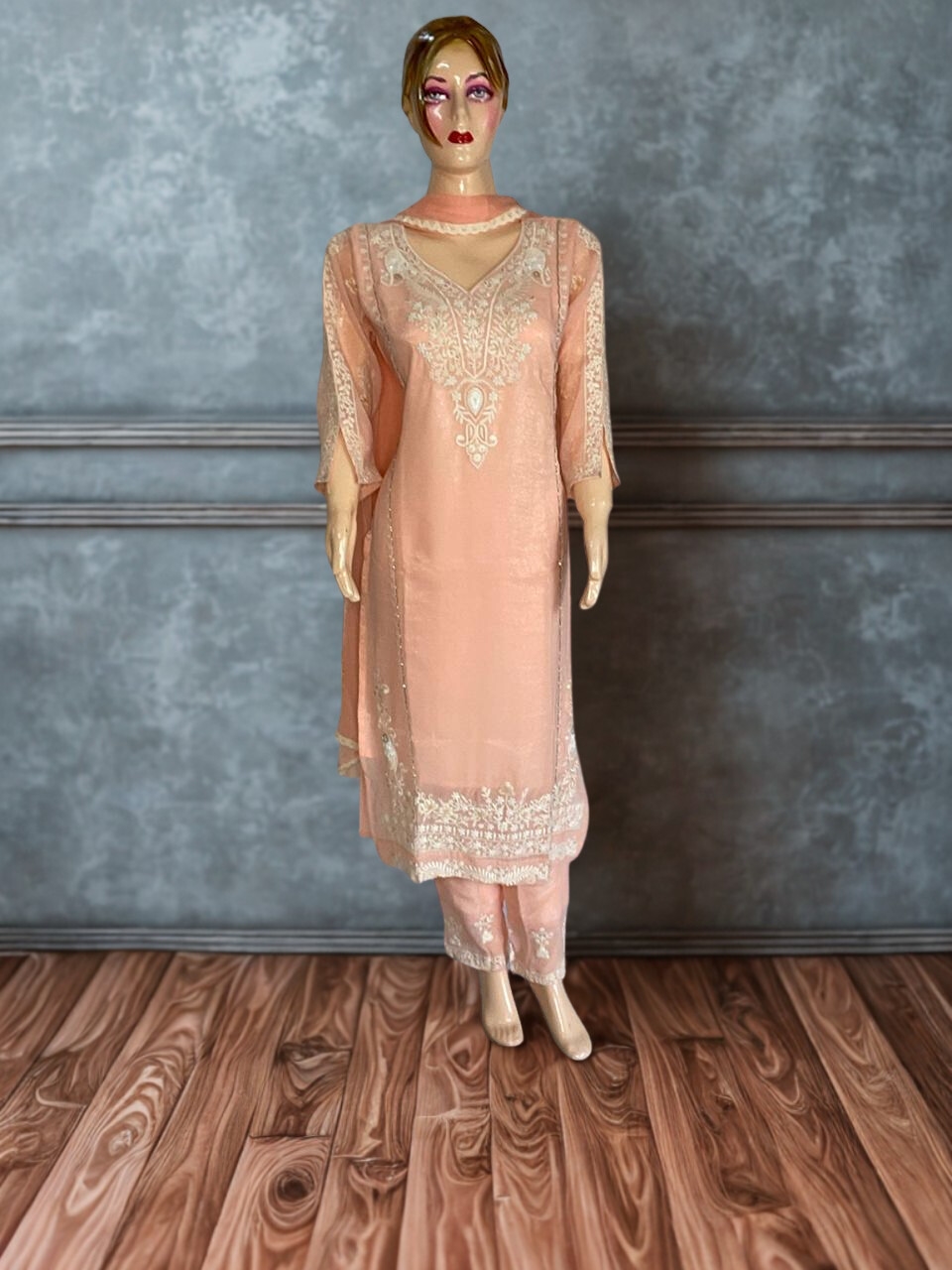 Peach Embroidered Organza Suit Set with Dupatta