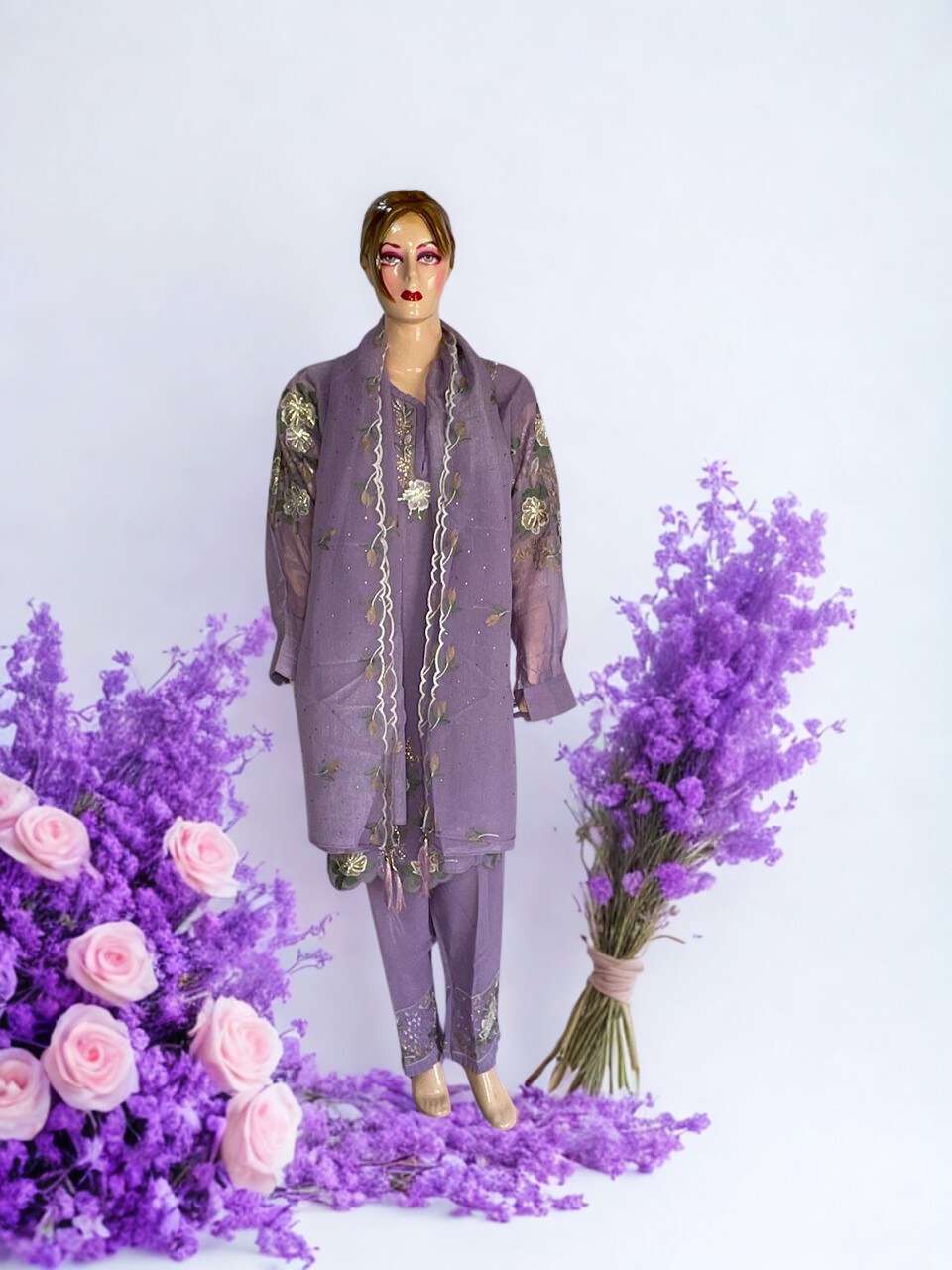 Lavender Bloom Embroidered Organza Suit Set with Dupatta