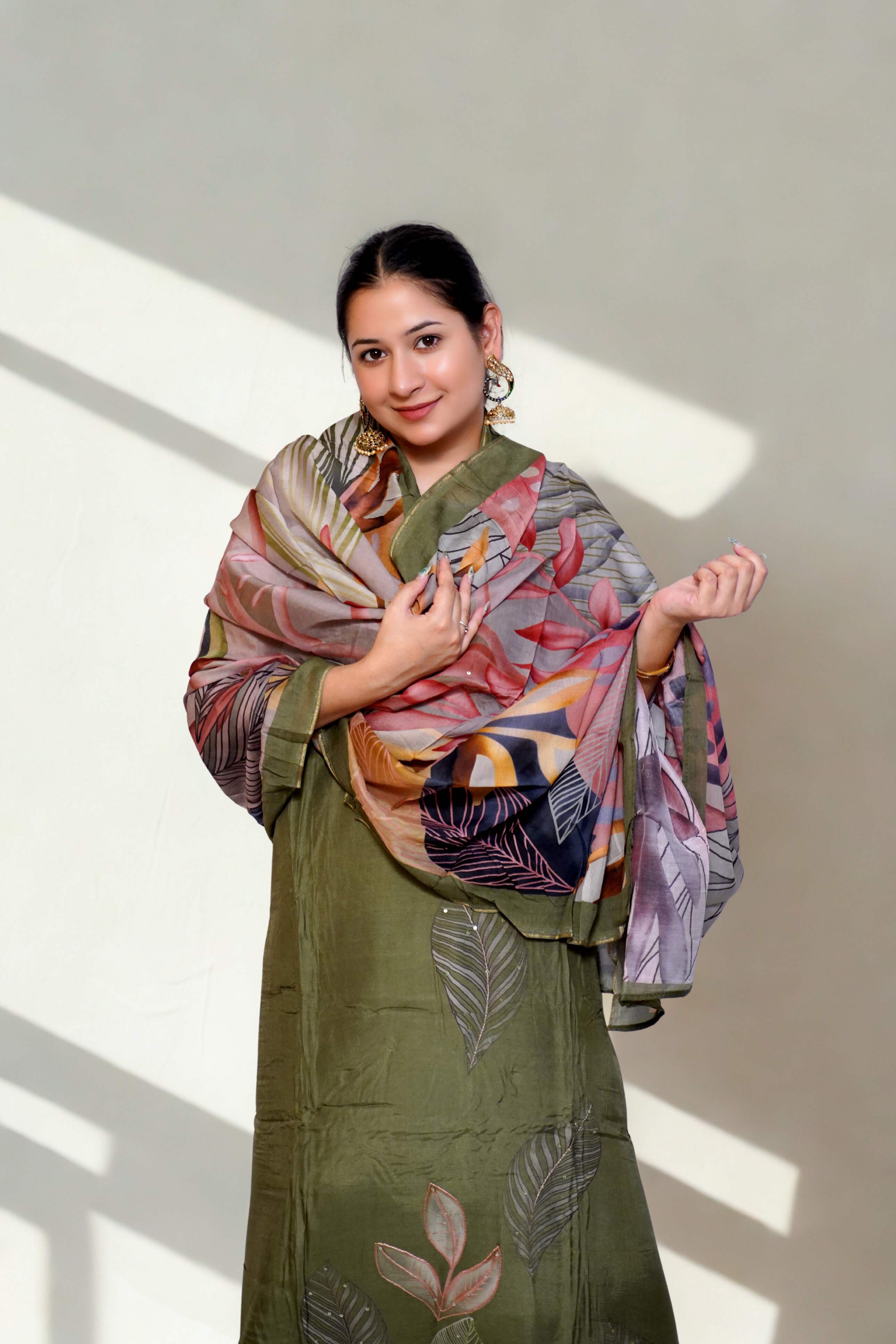 Mehndi unstitched suit with printed dupatta