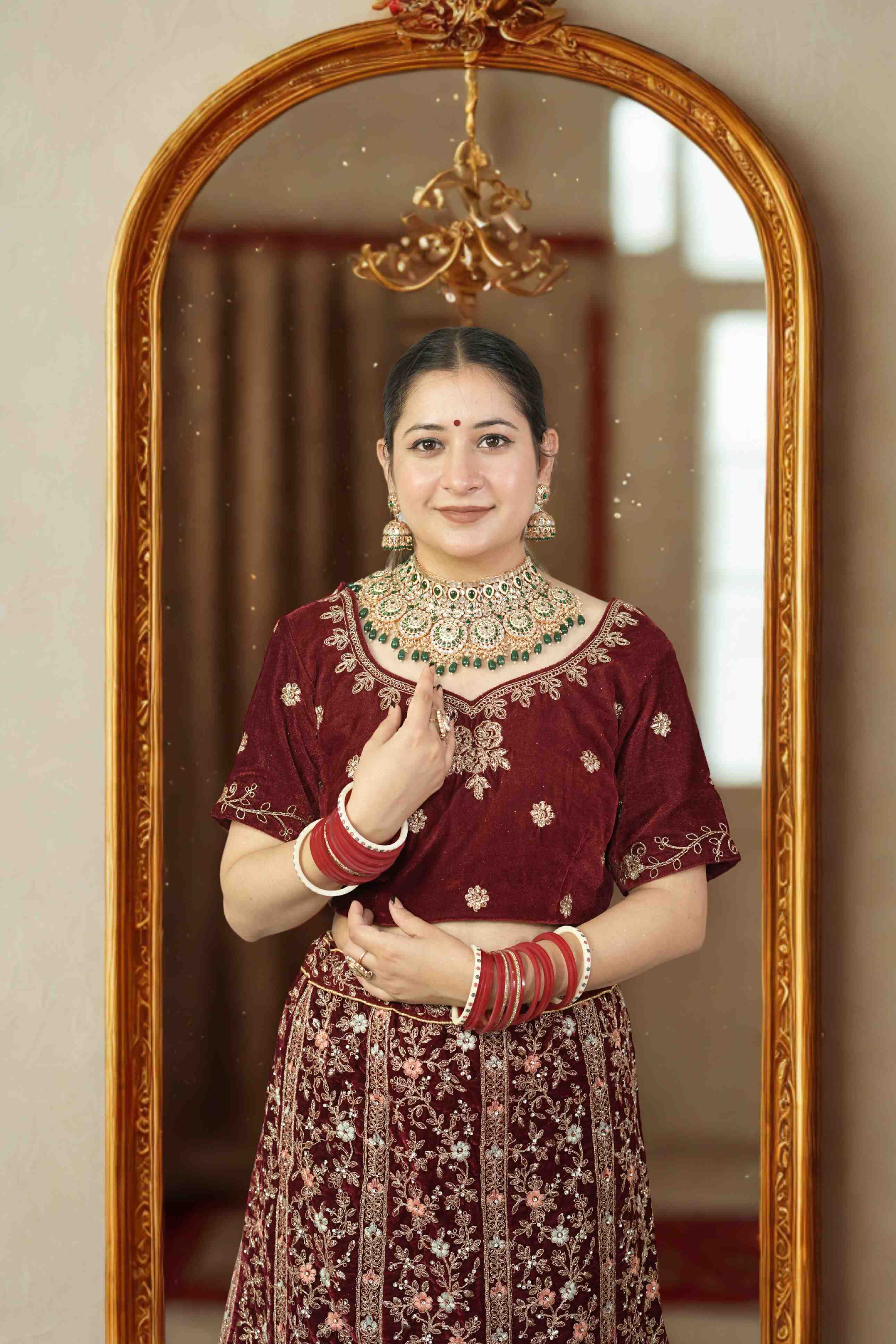 Maroon Velvet Bridal Lehenga with Zari & Resham Panel Embroidery