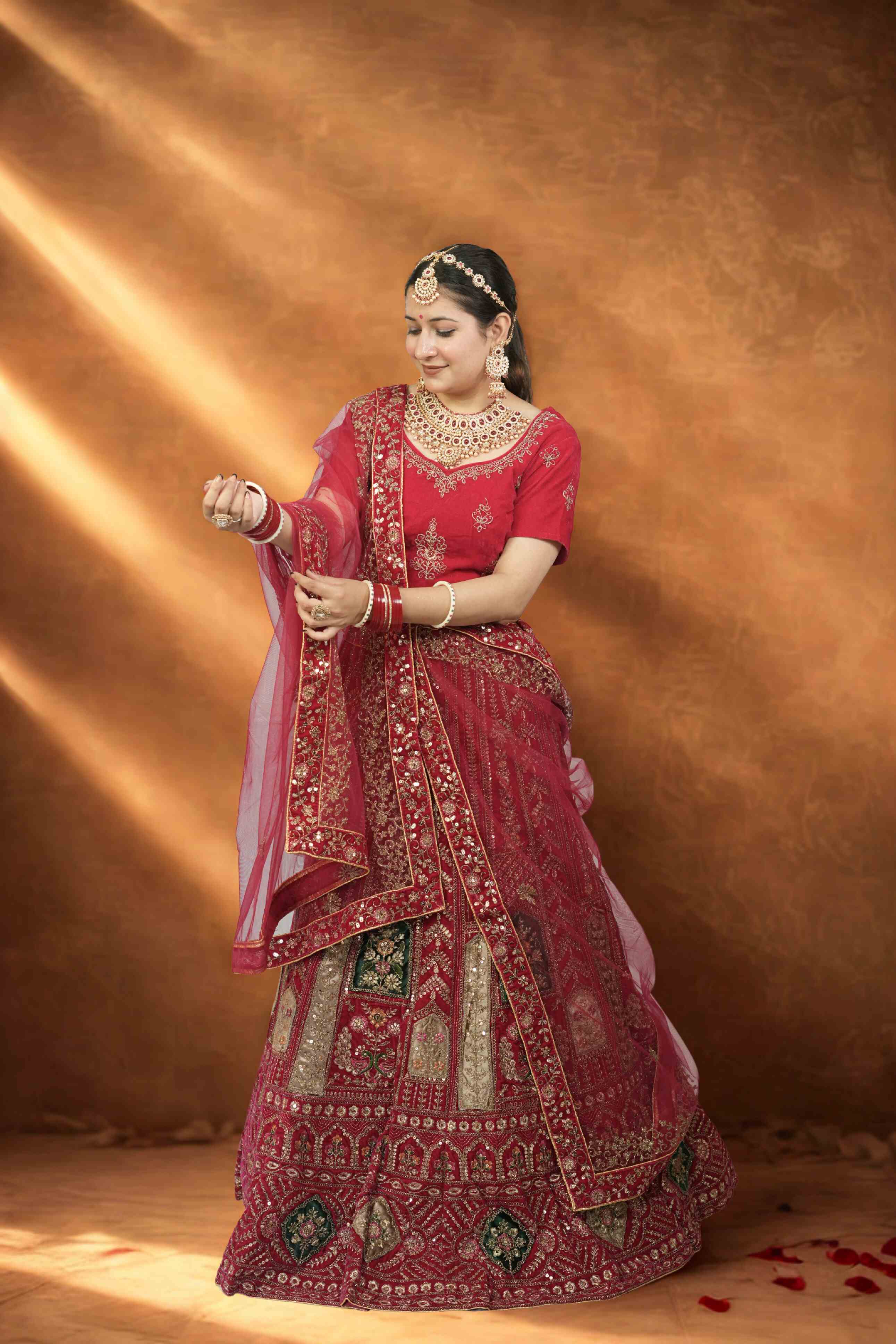 Red Velvet Bridal Lehenga with Golden Zari and Resham Floral Work